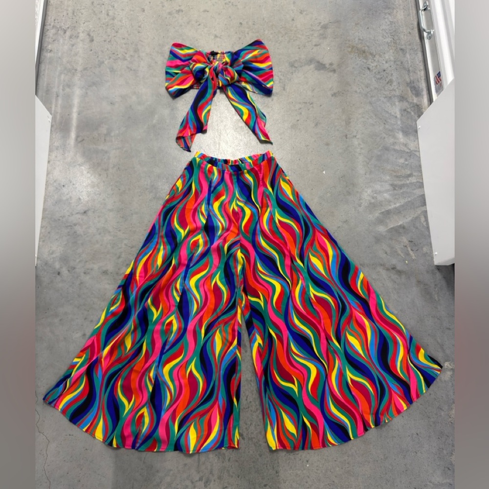STEPS | Multicolor Wide-Leg Pants & Bow Top Set